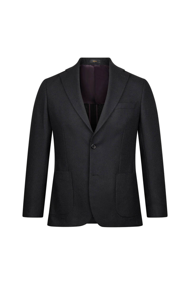 Siyah Comfort Fit Mono Yaka Yünlü Klasik Ceket - Hatem Saykı