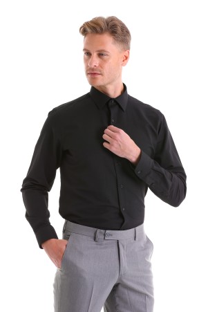 Siyah Comfort Fit Desenli Pamuklu Slim Yaka Uzun Kollu Klasik Gömlek - Thumbnail