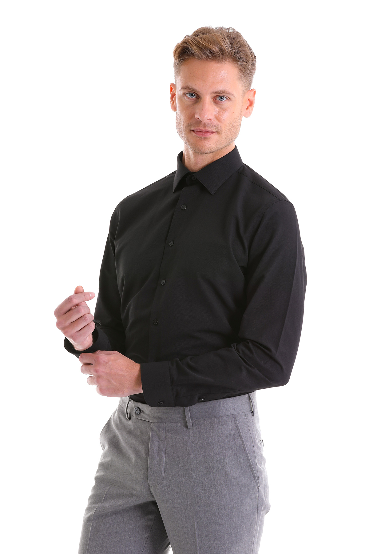 Siyah Comfort Fit Desenli Pamuklu Slim Yaka Uzun Kollu Klasik Gömlek