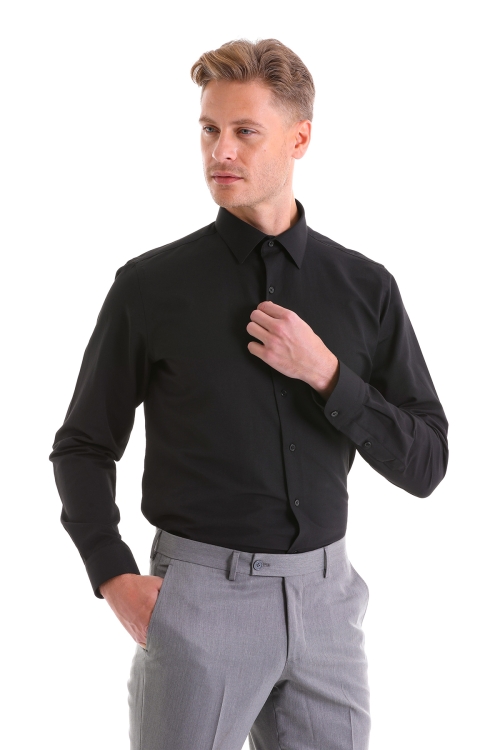 Siyah Comfort Fit Desenli Pamuklu Slim Yaka Uzun Kollu Klasik Gömlek - Thumbnail (1)