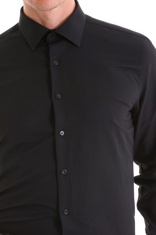 Siyah Comfort Fit Desenli Pamuklu Slim Yaka Uzun Kollu Klasik Gömlek - Thumbnail (3)