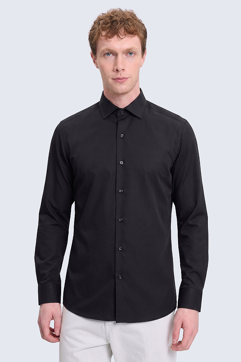 Siyah Comfort Fit Slim Yaka 100% Pamuk Devrik Manşet Uzun Kollu Saten Gömlek