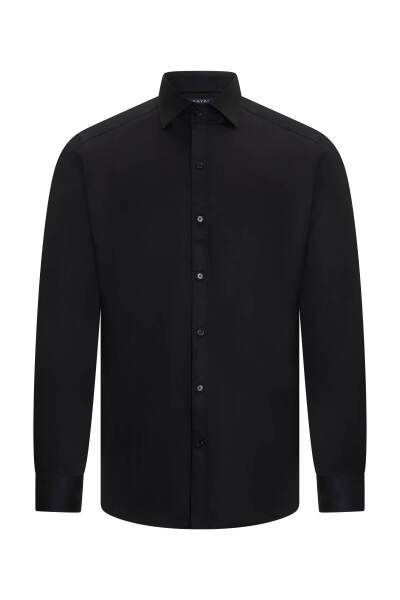 Siyah Comfort Fit Slim Yaka 100% Pamuk Devrik Manşet Uzun Kollu Saten Gömlek - 1
