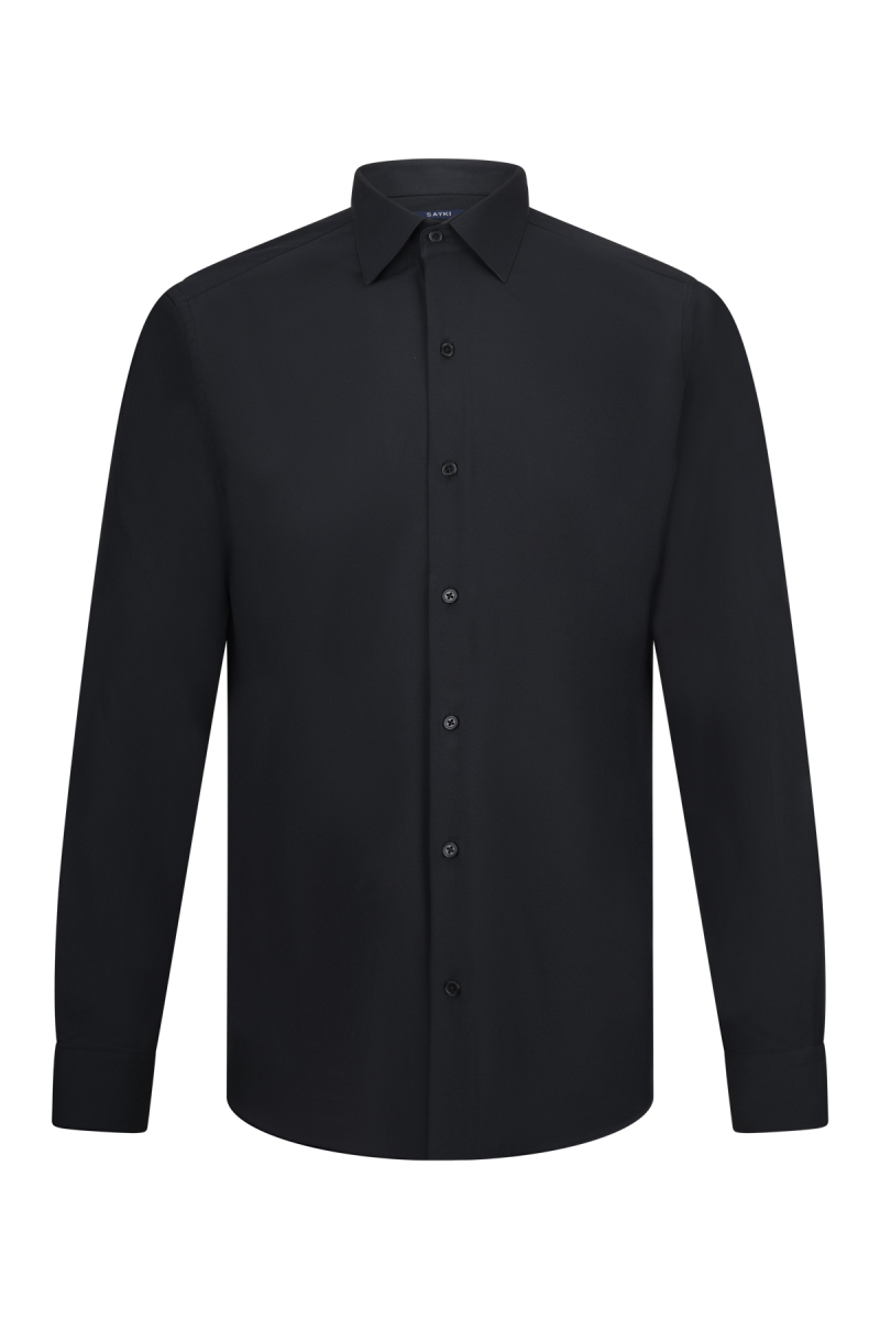 Siyah Comfort Fit Slim Yaka Uzun Kollu Gömlek - Saykı