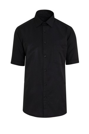 Siyah Kısa Kol Desenli Regular Fit Gömlek - Thumbnail