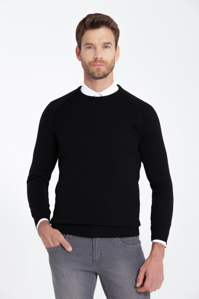 Siyah Regular Fit Desenli Bisiklet Yaka Pamuklu Triko Kazak - 1