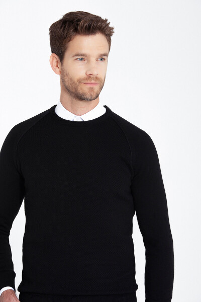 Siyah Regular Fit Desenli Bisiklet Yaka Pamuklu Triko Kazak - 16