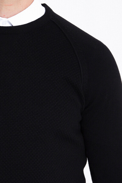 Siyah Regular Fit Desenli Bisiklet Yaka Pamuklu Triko Kazak - 17