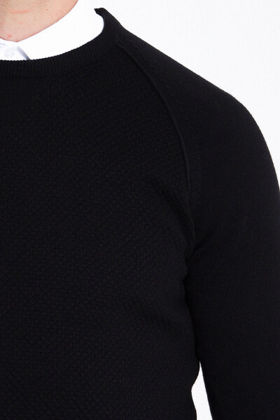 Siyah Regular Fit Desenli Bisiklet Yaka Pamuklu Triko Kazak - 8