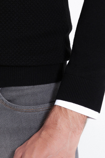 Siyah Regular Fit Desenli Bisiklet Yaka Pamuklu Triko Kazak - 10