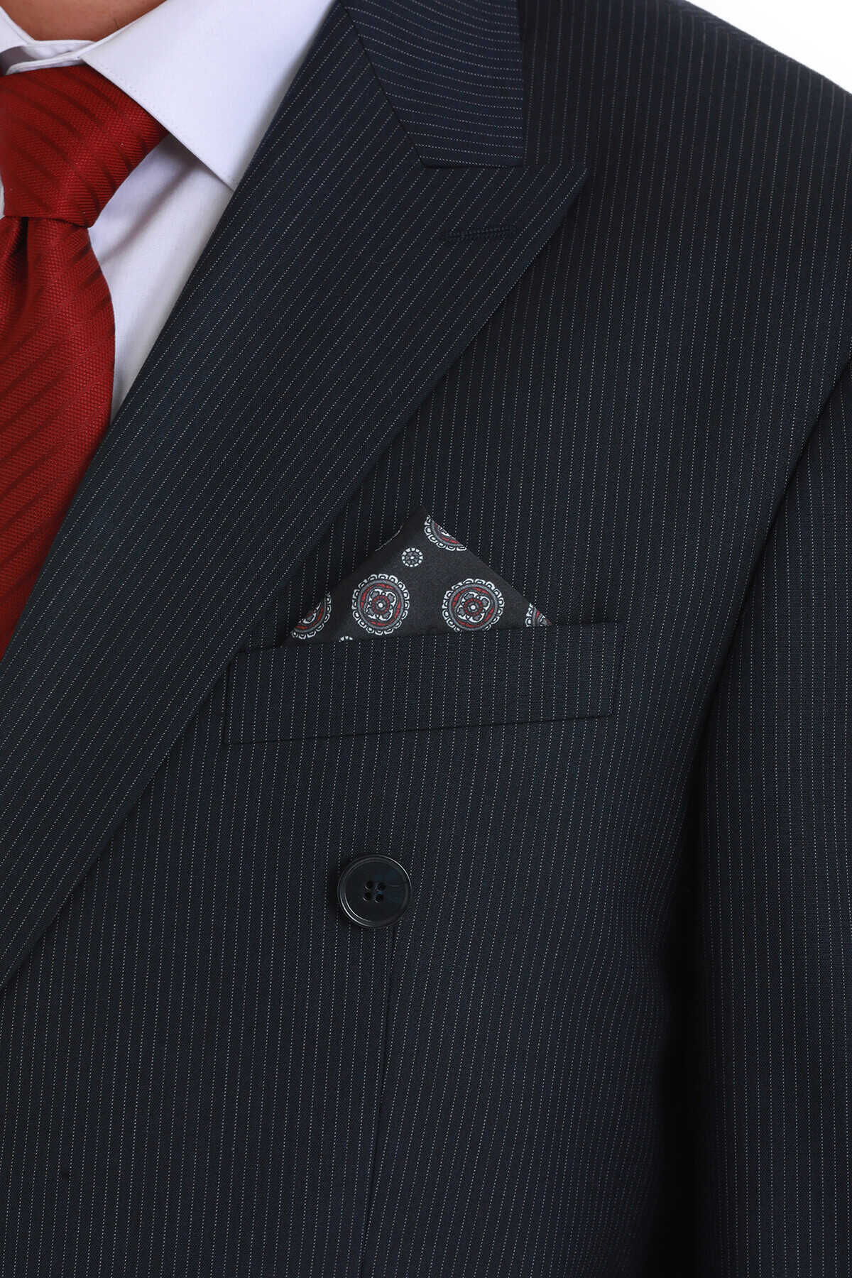 Siyah Desenli Klasik Saten Cep Mendili - 4