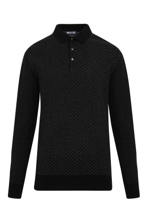 Siyah Regular Fit Desenli Polo Yaka Pamuklu Triko Kazak 