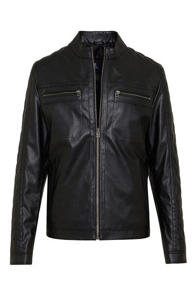 Siyah Dik Yaka Deri Görünümlü Mont - 1