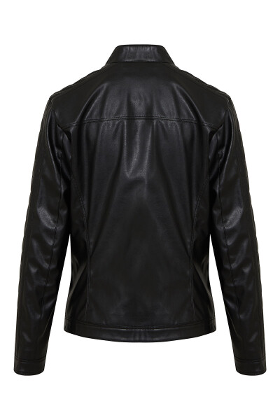 Siyah Dik Yaka Deri Görünümlü Mont - 2