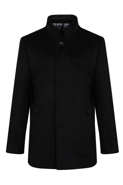 Siyah Dik Yaka Yünlü Palto - 1