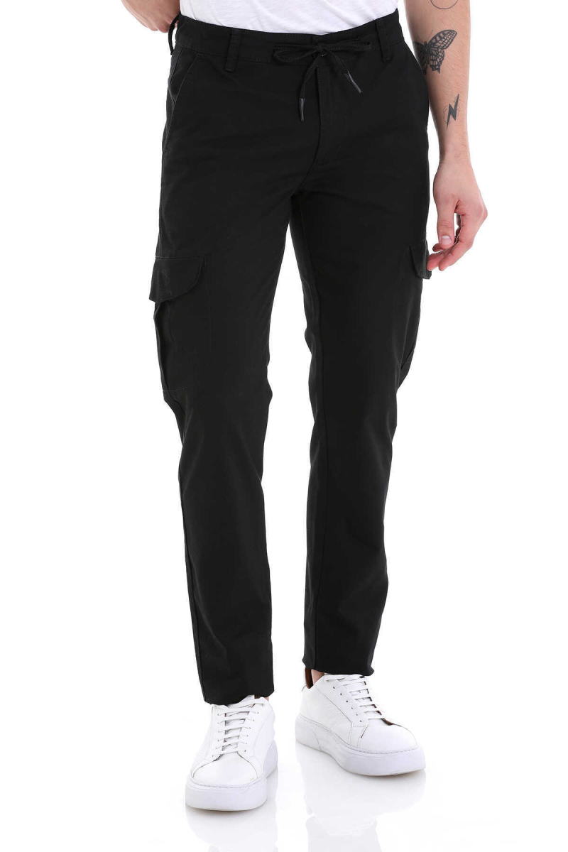 Siyah Dinamik Fit Desenli Pamuklu Yandan Cepli Kanvas Pantolon - Hatem Saykı