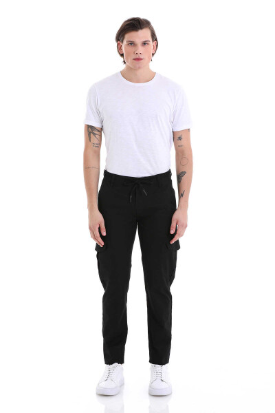 Siyah Dinamik Fit Desenli Pamuklu Yandan Cepli Kanvas Pantolon - 2