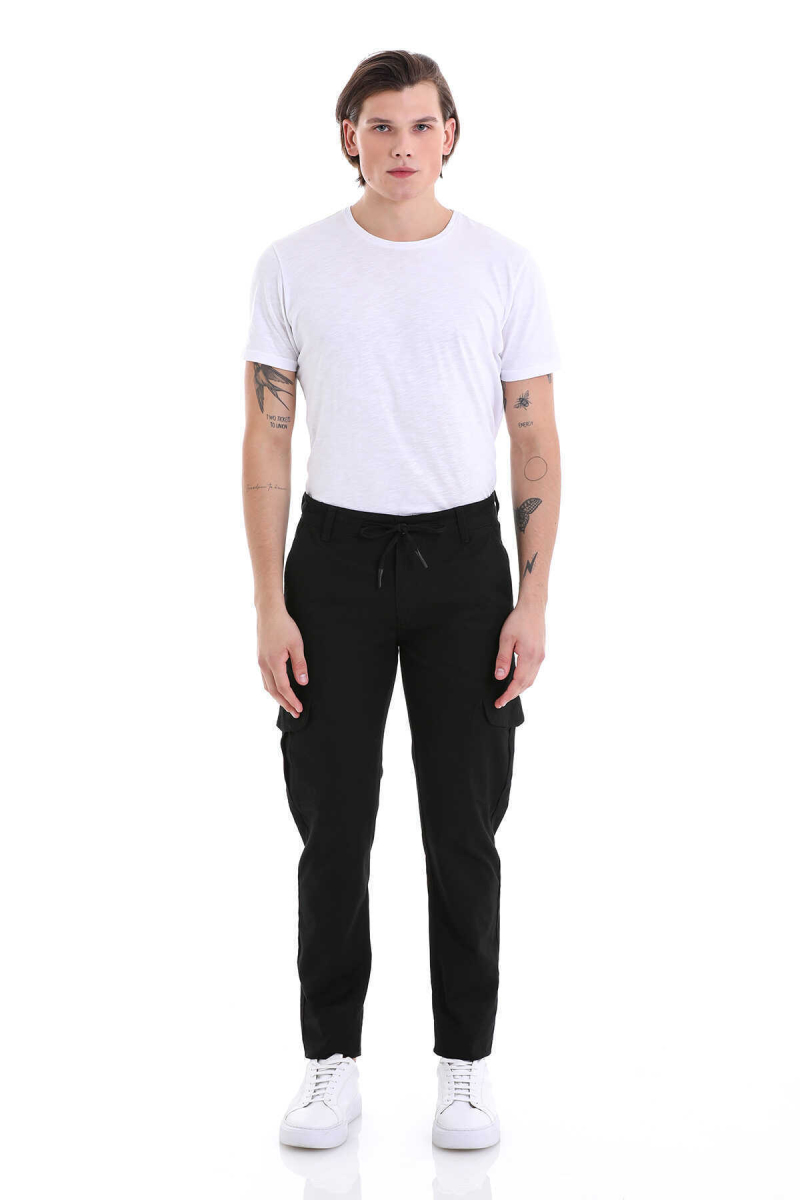 Siyah Dinamik Fit Desenli Pamuklu Yandan Cepli Kanvas Pantolon - Hatem Saykı (1)