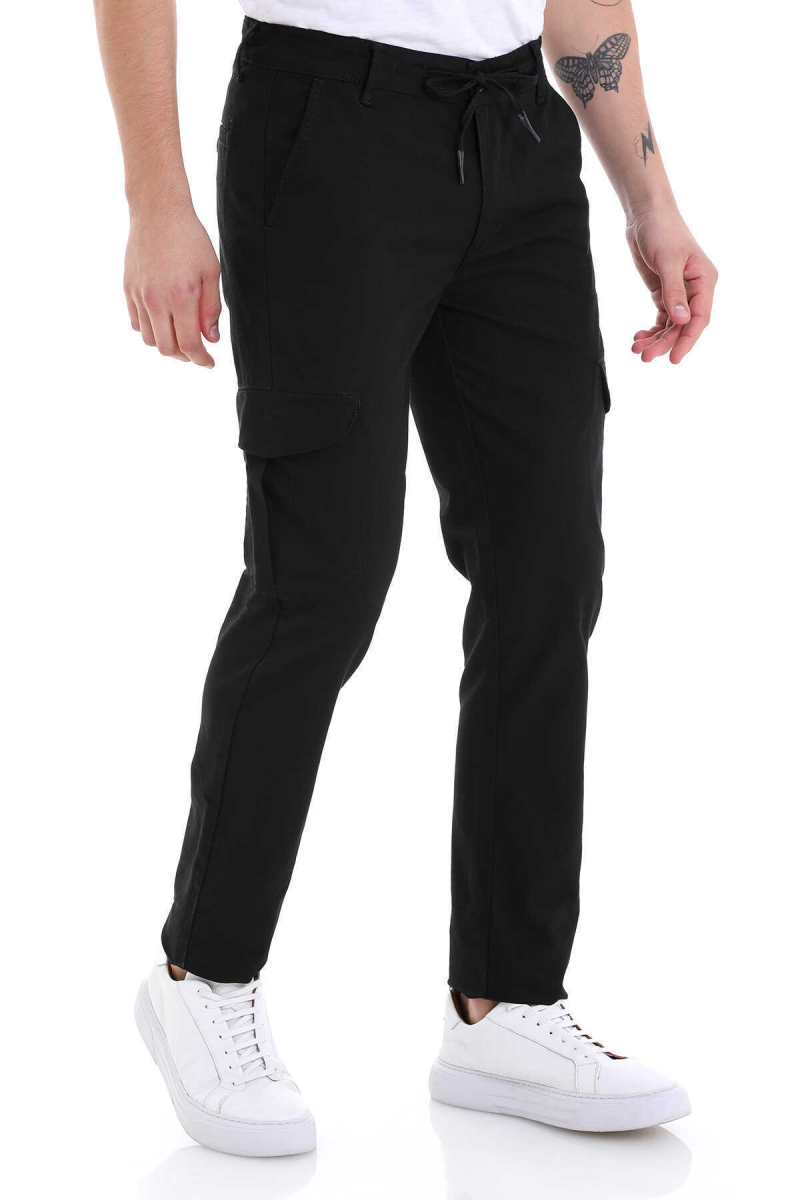 Siyah Dinamik Fit Desenli Pamuklu Yandan Cepli Kanvas Pantolon - Hatem Saykı (1)