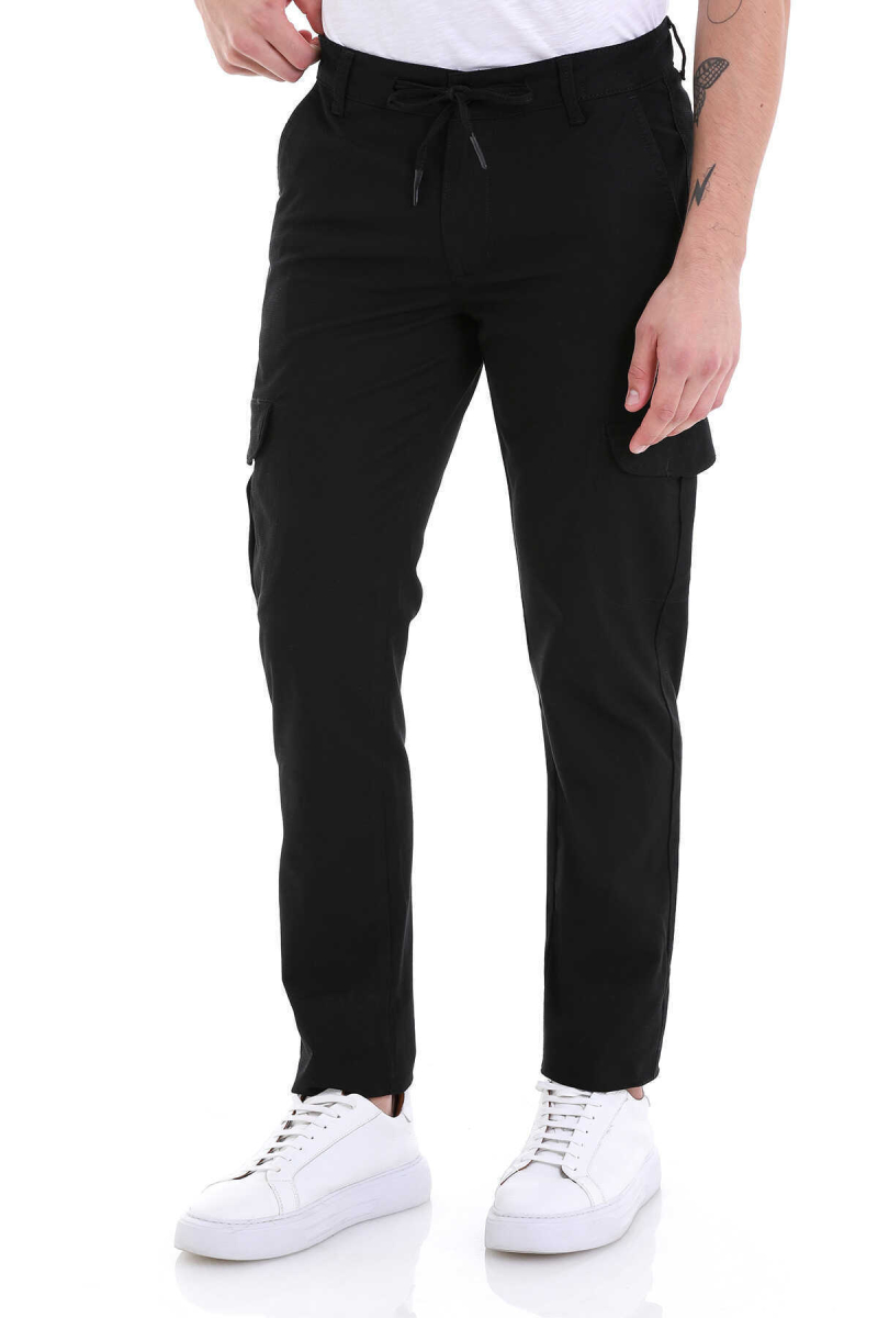 Siyah Dinamik Fit Desenli Pamuklu Yandan Cepli Kanvas Pantolon - Hatem Saykı (1)