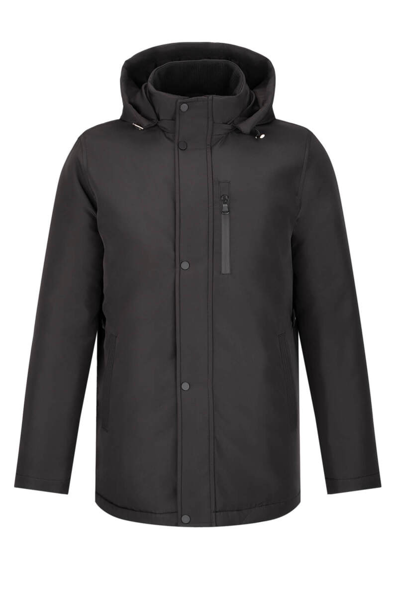 Siyah Dinamik Fit Hakim Yaka Kapüşonlu Kaban - Hatemoğlu