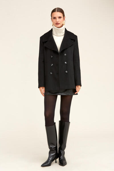 Saykı Woman Siyah Dinamik Fit Kruvaze Kaşe Yünlü Manto - 1