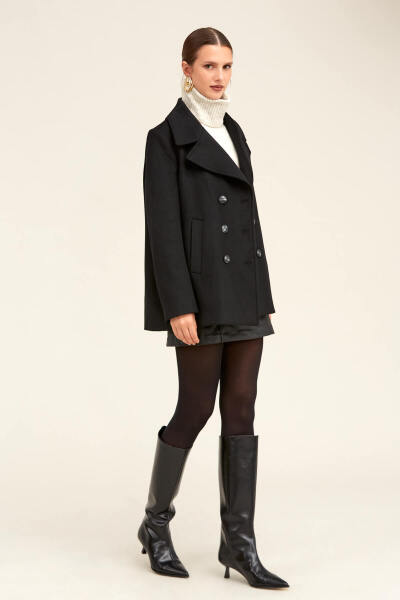 Saykı Woman Siyah Dinamik Fit Kruvaze Kaşe Yünlü Manto - 3