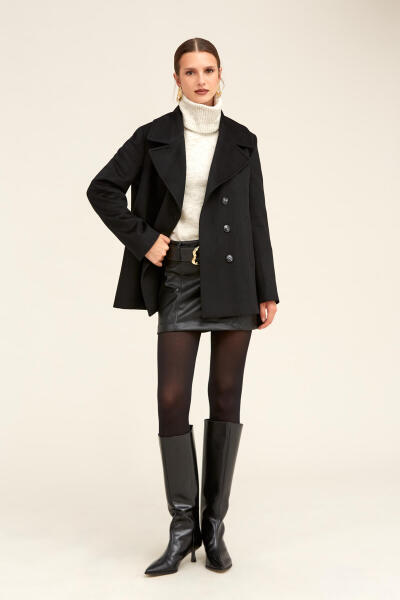 Saykı Woman Siyah Dinamik Fit Kruvaze Kaşe Yünlü Manto - 4