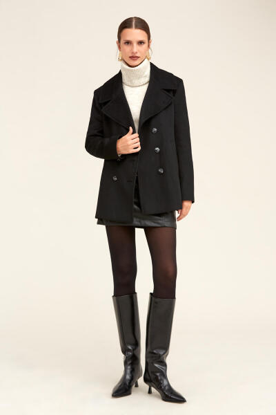 Saykı Woman Siyah Dinamik Fit Kruvaze Kaşe Yünlü Manto - 5