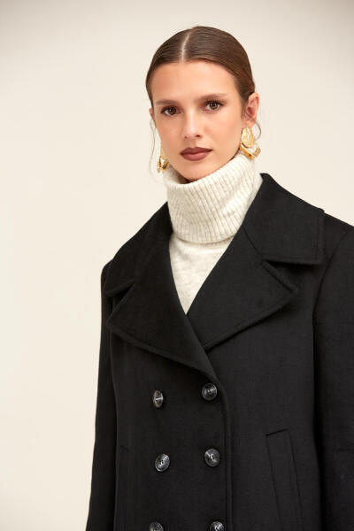 Saykı Woman Siyah Dinamik Fit Kruvaze Kaşe Yünlü Manto - 6