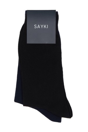 Siyah Düz Pamuklu Dikişsiz İkili Soket Çorap - Thumbnail