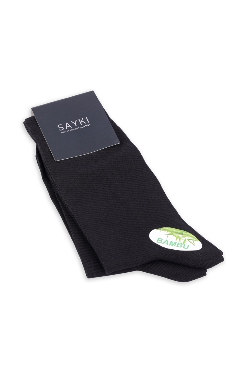Hatem Saykı - Siyah Düz Pamuklu Dikişsiz İkili Bambu Soket Çorap