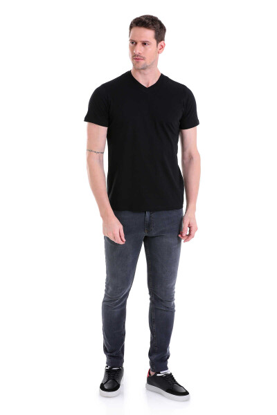 Siyah Regular Fit Düz 100% Pamuklu V Yaka Tişört - 5