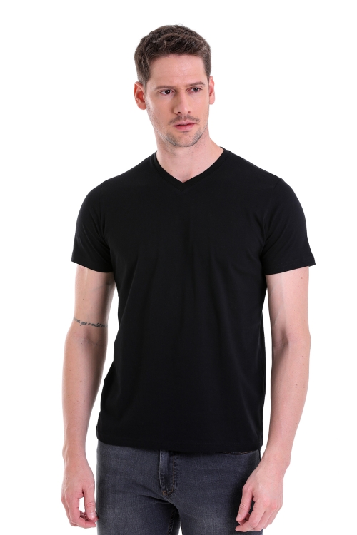 HTML - Siyah Slim Fit Düz 100% Pamuk V Yaka Tişört