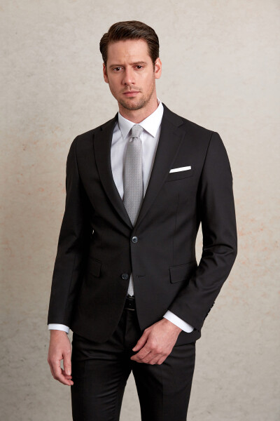 Siyah Slim Fit Mono Yaka Klasik Takım Elbise - 5