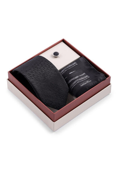 Siyah Üçlü Yaka Rozeti Kravat Mendil Set - 2