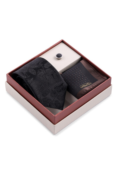 Siyah Üçlü Yaka Rozeti Kravat Mendil Set - 2