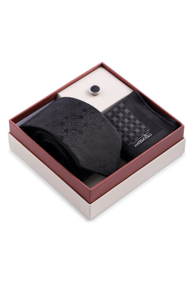 Siyah Üçlü Yaka Rozeti Kravat Mendil Set - 2