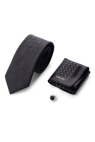 Siyah Üçlü Yaka Rozeti Kravat Mendil Set - 4