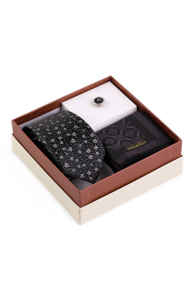 Siyah Üçlü Yaka Rozeti Kravat Mendil Set - 2