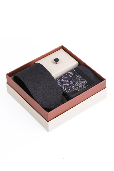 Siyah Üçlü Yaka Rozeti Kravat Mendil Set - 1
