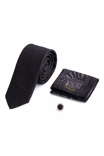 Siyah Üçlü Yaka Rozeti Kravat Mendil Set - 5