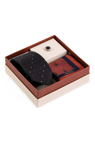 Siyah Üçlü Yaka Rozeti Kravat Mendil Set - 3