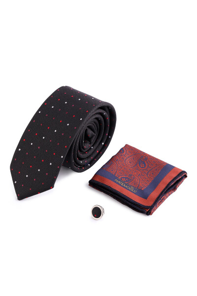 Siyah Üçlü Yaka Rozeti Kravat Mendil Set - 2