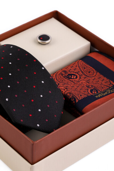 Siyah Üçlü Yaka Rozeti Kravat Mendil Set - 6