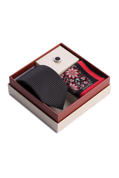 Siyah Üçlü Yaka Rozeti Kravat Mendil Set - 2