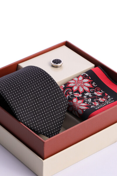 Siyah Üçlü Yaka Rozeti Kravat Mendil Set - 3