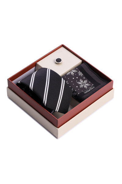 Siyah Üçlü Yaka Rozeti Kravat Mendil Set - 2