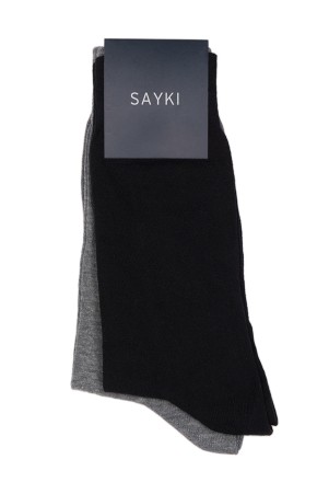Siyah Düz Pamuklu Dikişsiz İkili Soket Çorap - Thumbnail