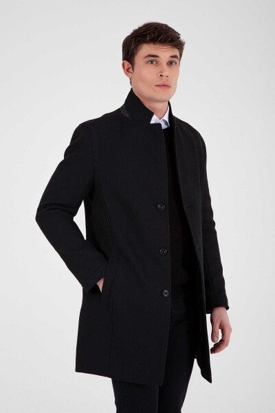 Siyah Hakim Yaka Yünlü Palto - 1